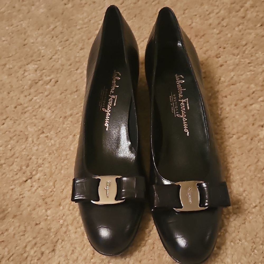 Salvatore Ferragamo Black Leather Flats with Silver Buckle